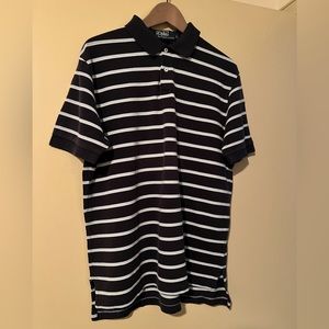 Polo navy with light blue and white stripe, size large, 100% cotton